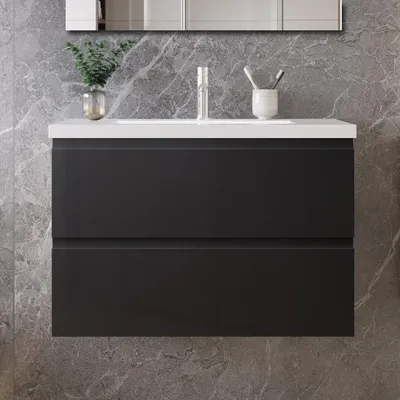Produktbild von 80 cm Badmöbel-Set Unterschrank mit Mineralguss waschtisch 2 Schubladen soft-close Hochglanz Schwarz Selbstmontierter