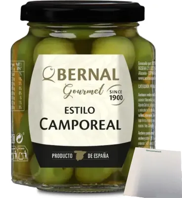 Produktbild von Bernal Camporeal Grüne Oliven mit Sardellengeschmack (250g Glas) + usy Block