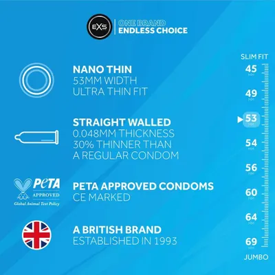 Zdjęcie produktu dla EXS Nano Thin prezerwatywy ultra cienkie 100 sztuk, szerokość 53 mm