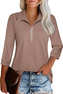 Zdjęcie produktu dla Bluza damska Sweter Golf Zamek błyskawiczny Rękawy 3/4 Brązowy XXL