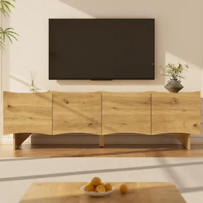 Produktbild von MODFU TV-Schrank Lowboard Medienkonsole mit Wellenmuster, Fernsehschrank mit vier Türen, Kabelmanagement-Loch und Stauraum in Holzoptik, Natur