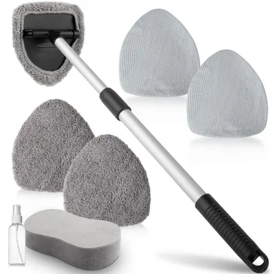 Immagine prodotto di Detergente per vetri per auto, 65 cm, con telescopio e 4 panni in microfibra, flacone spray, colore grigio