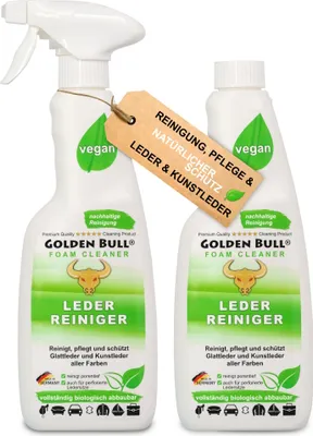 Produktbild von Golden Bull® Lederreiniger & Lederpflege 2x500ml - Leder Kunstleder Reiniger Schaum Spray 500ml für Reinigung und Pflege von Auto, Sofa uvm.