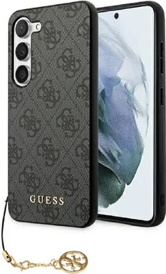 A smartphone case with a patterned design and a charm is shown next to a smartphone.