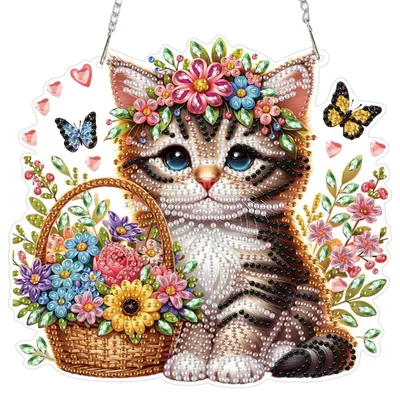 Produktbild von 5D Diamantmalerei Fensterbilder Kätzchen Blumenkorb Anhänger DIY Kit 20x20cm