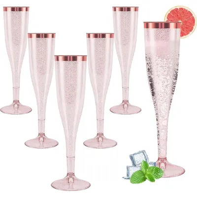 Productafbeelding van Kunststof champagneglazen, 60 stuks, 150 ml, rosé goud met glitter, herbruikbaar, voor feesten