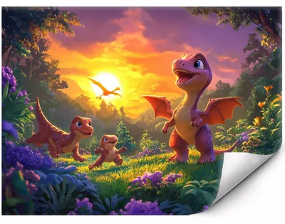 Zdjęcie produktu dla Samoprzylepna Fototapeta Magiczne Dinozaury W Bajkowym Lesie do salonu i sypialni 400x280 cm, Obraz wygenerowany przez AI