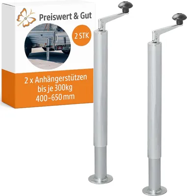 Produktbild von 2x Abstellstützen für Schwerlast 400-650mm - Anhängerstützen bis je 300kg Rohrstützen mit Handkurbel für Pkw-Anhänger