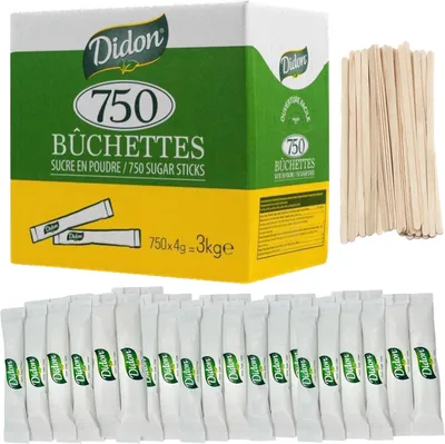 Produktbild von 750 DIDON Zuckersticks (4 g) + Holzstäbchen – Portionszucker für Kaffee & Tee – 3 kg Zucker – ideal für Büro, Gastro, Zuhause