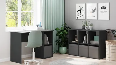 A modern home office or study room with a desk, chair, and shelving unit.