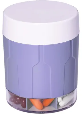 Immagine prodotto di Contenitore per pillole da 7 giorni, con scomparti ampi, forma rotonda, colore viola, con 21 etichette