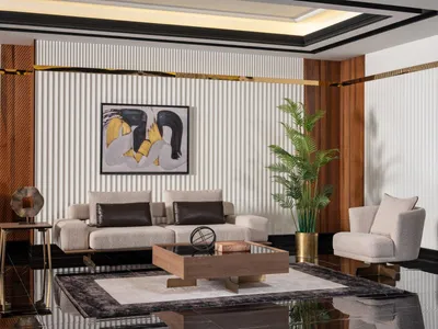 Immagine prodotto di Poltrona beige in legno, tessuto e metallo dal design moderno
