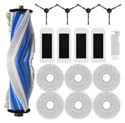A collection of cleaning accessories for a robot vacuum cleaner, including a main brush, mop pads, side brushes, and HEPA filters, laid out on a white background.