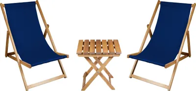 Two blue deck chairs and a wooden side table are shown against a white background.