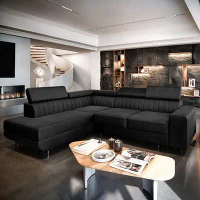 Produktbild von Masseno Ecksofa NOLA L-S mit Schlaffunktion L-Form, Sofa mit Bettkasten, Wohnzimmersofa, Couch, Soffa, Bettsofa, Couchgarnitur- Schwarz, MONOLITH 95