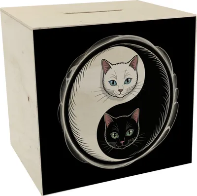 Produktbild von Katzen Yin und Yang Spardose aus Holz für Katzenliebhaber