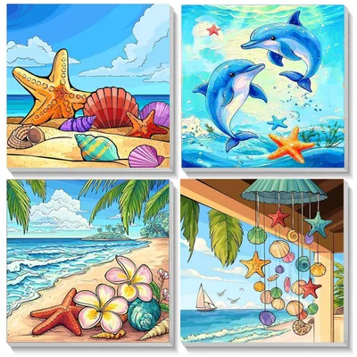 Immagine prodotto di Kit per dipingere per bambini, 4 pezzi, con cornice, soggetti paesaggistici con vista sul mare, dimensioni 20x20 cm, include colori acrilici e pennelli