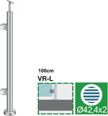 Immagine prodotto di Palo di ringhiera sinistro Ø42,4 altezza 1000 mm acciaio inox con morsetti in vetro ringhiera semicircolare 63x45mm V2A lucido K320 paletto per balcone tubo tondo corrimano