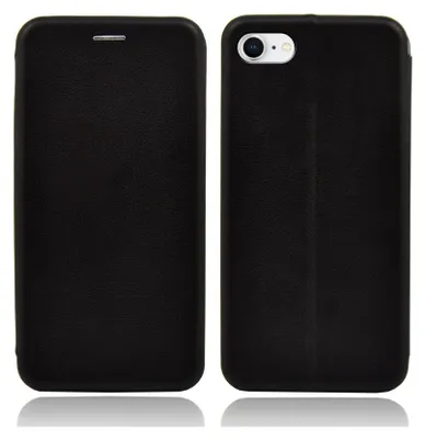 A black flip case for a smartphone is shown from the front and back.