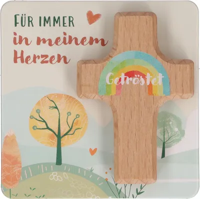 Produktbild von Butzon & Bercker Handschmeichlerkreuz 6 x 4 cm - farbig bedrucktes Kinderkreuz aus Buchenholz, Lieferung auf Backcard, folienfrei verpackt