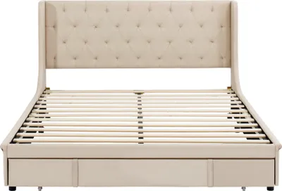 Produktbild von Polsterbett 140 x 200 cm(Ohne Matratze) Doppelbett Erwachsenen Jugendbett Mit Lattenrost Rückenlehne und Schubladen Leinenstoff Beige