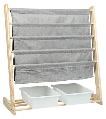 Immagine prodotto di Libreria per bambini - Scaffale - 4 ripiani - 3 tasche - 2 contenitori - Struttura in legno - Da montare - Grigio