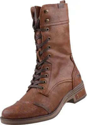 A single brown leather boot is shown against a white background.