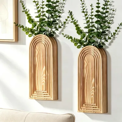2er-Set Holz-Wandvasen, braun, 31 cm, moderne Landhaus-Boho-Deko
