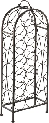 A freestanding metal wine rack with an arched top, designed to hold multiple wine bottles.