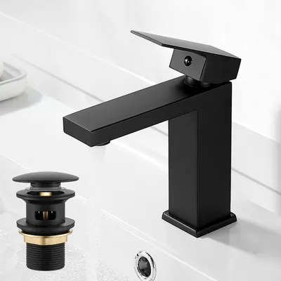 Image de Robinet de salle de bain noir, robinet de lavabo avec mécanisme de vidange intégré, robinet mélangeur à une poignée pour lavabo, robinets de lavabo carrés avec mécanisme de vidange
