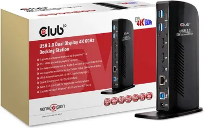 Zdjęcie produktu dla CLUB3D USB 3.0 Dual Display 4K60Hz Docking Station, Dokujący, USB 3.2 Gen 1 (3.1 Gen 1) Type-B, 3,5 mm, USB Typu-A, 10,100,1000 Mbit/s, Czarny