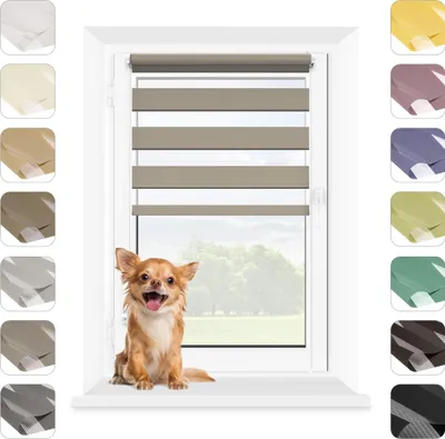 A chihuahua sits on a windowsill in front of a window with blinds and a view of trees.
