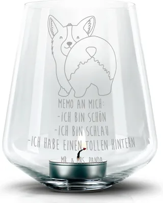 Produktbild von Mr. & Mrs. Panda Teelichthalter Corgi Po - Transparent - Geschenk, Spruch, Glas Windlicht, Positiv, Corgie, Achtsamkeit, gravur, Kerzenhalter, Deko, Laterne, Hund