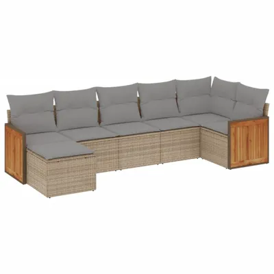 Produktbild von 7-teiliges Garten-Sofagarnitur-Set, modular, aus Poly Rattan & pulverbeschichtetem Stahl, UV-beständig, Beige, mit abnehmbaren, waschbaren Kissen