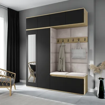 Produktbild von Garderoben-Set NIKOLA Kleiderschrank mit Polsterplatten Schuhschrank und Schrankaufsatz 90cm für Flur und Eingangsbereich (Artisan/Schwarz Trinity 02)