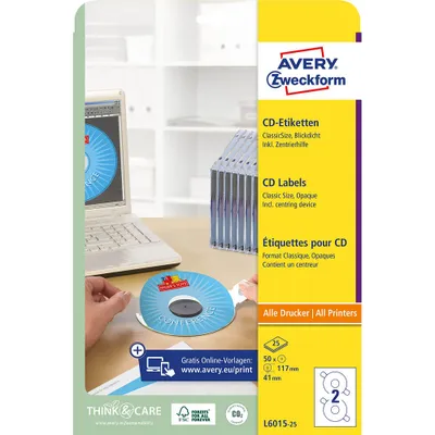 Produktbild von Avery Zweckform L6015-25 CD-Etiketten, Ø 117 mm, 25 Blatt/50 Etiketten, weiß