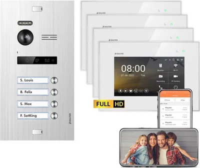 Produktbild von BALTER EVO HD Unterputz Silber 4x7" WiFi Monitor Weiß Video Türsprechanlage Set 4 Teilnehmer