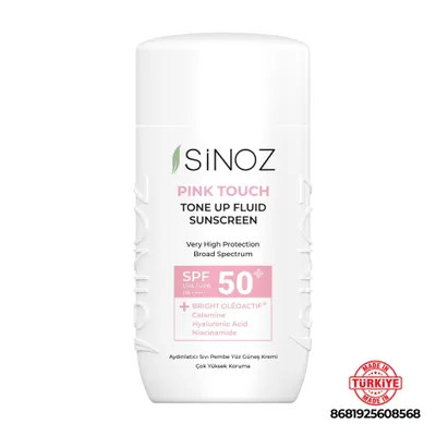 Produktbild von Sinoz Pink Touch Tone-Up Fluid Sunscreen SPF 50+ PA++++, 50 ml – rosiger Glow, kein Weißel-Effekt