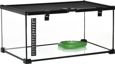 Produktbild von Fortuna Lai Terrarium für Reptilien Reptile Fütterungsbox Glasterrarium Amphibien Spinnentiere mit Thermometer Reptilienzuchtbox 50 x 30 x 25 cm