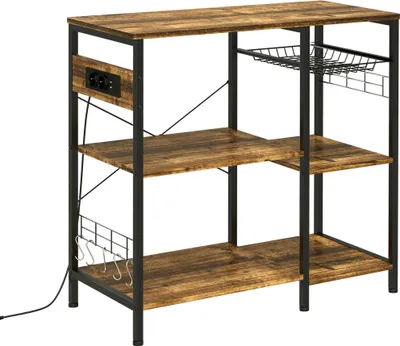 Produktbild von Industrielles Küchenregal - Küchen-Standregal - Mit Steckdose - Verstellbare Böden - Haken & Metallkorb - 90x40x83 cm - Rustikal Braun