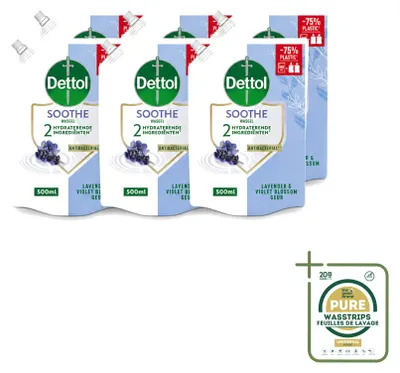Productafbeelding van 6 x Dettol Soothe handzeep navullingen - Lavendel & viooltjesbloem - 500 ml - Voordeelverpakking - 6 stuks