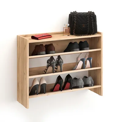 Produktbild von KOMTO Schuhregal Schmal - Schuhablage Flur mit 3 Ebenen Offener Schuhschrank Schuh Organizer Platzsparend Elexis 80 x 25 x 60 cm Honig Eiche