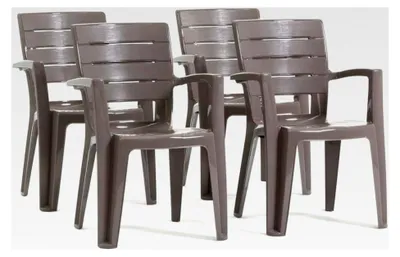 Produktbild von Stapelbare Außen- und Gartenstühle aus Holzeffekt-Resin mit Armlehnen (4, Braungrau)