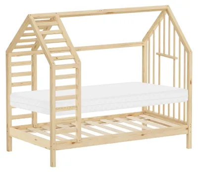 Zdjęcie produktu dla Łóżeczko dziecięce ML-Design, 80x160 cm, kolor naturalny, z materacem i stelażem, łóżko-domek z daszkiem, rama łóżka wykonana z drewna sosnowego, łóżko Montessori dla dziewczynek i chłopców