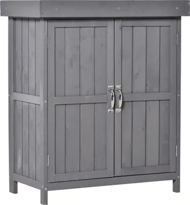 Produktbild von Wetterfester Doppeltür-Geräteschrank mit Klappdeckel, 2 Regalfächern, Naturholz grau 74x43x88cm