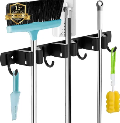 Produktbild von Besenhalter zur Wandmontage, 3 Halterungen + 4 Haken, schwarzer Besenhalter zur Wandmontage, Besenhalter zur Wandmontage, Besenhalter zur Wandmontage ohne Bohren, Besenaufbewahrung, Besenhalter zur Wandmontage