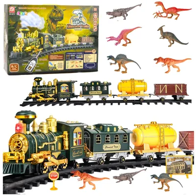 Immagine prodotto di Treno classico con dinosauri, luci, rumori e fumo, 39 pezzi.