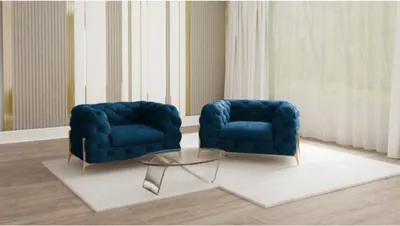 Produktbild von S-STYLE MÖBEL - Chesterfield Sessel Nova mit Goldene Metall Füßen aus Marineblau Samtstoff, B/T/H: 125 cm / 100 cm / 75 cm