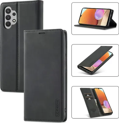 A collage of images showing a black leather phone case for a Samsung Galaxy A32 4G.