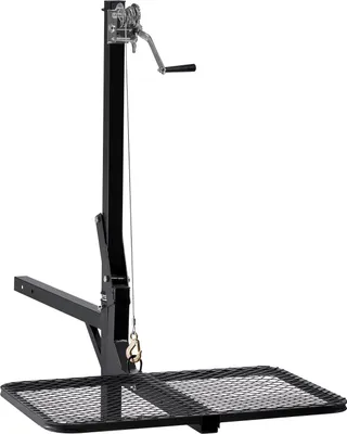 A black trailer hitch cargo carrier with a winch system is shown against a white background.